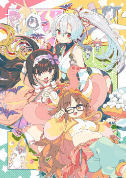 1boy 6+girls absurdres baggy_pants bandeau bare_shoulders belly black_hair blonde_hair blue_hakama blue_pants blush bow breasts brown_eyes brown_hair chibi clothing_cutout cotton_candy cropped_shirt detached_collar detached_sleeves elephant_hat facial_mark fate/grand_order fate_(series) fingerless_gloves forehead forehead_mark fujimaru_ritsuka_(female) fujimaru_ritsuka_(female)_(decisive_battle_chaldea_uniform) fujimaru_ritsuka_(male) fujimaru_ritsuka_(male)_(decisive_battle_chaldea_uniform) ganesha_(fate) glasses gloves hair_between_eyes hair_bow hair_bun hair_pulled_back hairband hakama hakama_pants head_wings highres hildr_(fate) hip_vent horns ibaraki_douji_(fate) indian_clothes jacket japanese_clothes jewelry jinako_carigiri kimono long_hair long_sleeves looking_at_viewer medium_breasts messy_hair multiple_girls navel neck_ring obi one_eye_closed oni open_clothes open_mouth open_shirt orange_hair ortlinde_(fate) osakabehime_(fate) pants parted_bangs pink_hair pink_shirt plump ponytail puffy_short_sleeves puffy_sleeves purple_eyes purple_skirt red_bow red_eyes red_gloves sash shirt short_hair short_kimono short_sleeves side_ponytail sidelocks single_side_bun single_sleeve skirt smile tattoo thighs thrud_(fate) tomoe_gozen_(fate) tomoe_gozen_(first_ascension)_(fate) ushiwakamaru_(fate) ushiwakamaru_(fate/grand_order) ushiwakamaru_(swimsuit_assassin)_(fate) ushiwakamaru_(swimsuit_assassin)_(first_ascension)_(fate) valkyrie_(fate) very_long_hair white_hair white_kimono white_shirt wings yellow_eyes yellow_jacket yellow_shirt yuzuki_gao