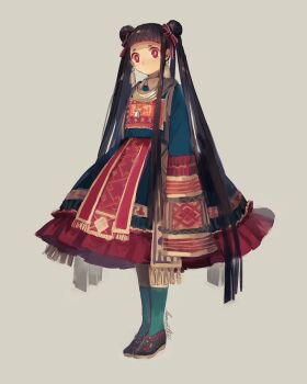 1girl ankle_socks aqua_socks black_shoes black_skirt blue_shirt bow bright_pupils brown_hair closed_mouth commentary_request double_bun earrings expressionless eyelashes frilled_skirt frills full_body grey_background hair_bow hair_bun highres jewelry lemontea long_hair looking_at_viewer medium_skirt original patchwork_clothes red_bow red_eyes russian_clothes scarf shirt shoes simple_background skirt socks solo sphere_earrings straight_hair tassel tassel_earrings twintails very_long_hair white_pupils white_scarf