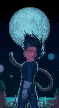 Rule 34 | 1boy, black hair, blue bodysuit, bodysuit, chimachimadb, dragon ball, gloves, glowing, glowing eyes, looking at viewer, moon, moonlight, night, night sky, sky, spiked hair, tail, vegeta, white gloves