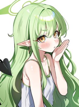 1girl absurdres bare_shoulders blue_archive blush breasts camisole commentary_request demon_tail earrings green_hair halo highres hikari_(blue_archive) jewelry long_hair looking_at_viewer open_mouth pointy_ears sak_(lemondisk) small_breasts solo tail white_camisole yellow_eyes