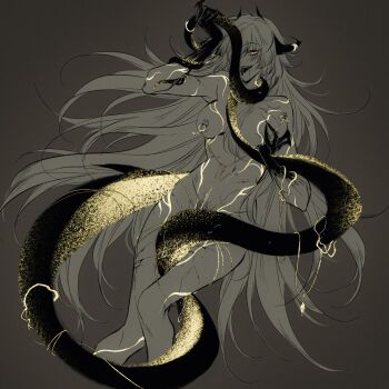 1girl commentary completely_nude cropped_legs english_commentary highres horns long_hair looking_at_viewer mitsukyou nipple_piercing nude path_to_nowhere piercing scar solo spot_color synex_(path_to_nowhere) tail tongue tongue_out very_long_hair