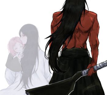 Rule 34 | 1boy, 2girls, anima tion 1, bankai, black hair, bleach, bleach: sennen kessen-hen, blush stickers, carrying, carrying person, colored skin, from behind, haori, highres, holding, holding weapon, japanese clothes, kusajishi yachiru, long hair, looking back, multiple girls, muscular, muscular male, pink hair, red eyes, red skin, taichou haori, topless male, unohana retsu, very long hair, weapon, white haori, zaraki kenpachi