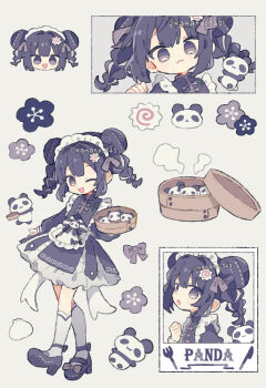1girl :3 apron bamboo_steamer black_hair braid chinese_clothes double_bun food frilled_apron frills hair_bun hair_ornament highres kanamochi_kanato kneehighs long_sleeves maid maid_apron maid_headdress mandarin_collar mary_janes one_eye_closed original panda qi_maid shoes socks steamed_bun twin_braids twitter_username unconventional_maid
