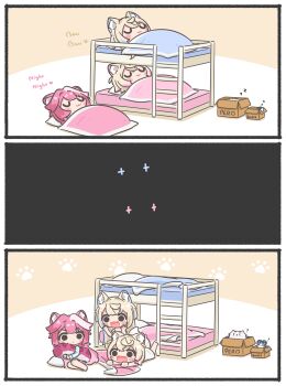 +_+ 3_3 3girls :3 absurdres alternate_costume animal_ears bed blonde_hair blue_hair blush_stickers box bunk_bed cardboard_box chattino_(raora_panthera) closed_mouth commentary dog_ears dog_tail english_commentary english_text futon fuwawa_abyssgard hair_intakes highres holding_own_tail hololive hololive_english long_hair mococo_abyssgard mpien multicolored_hair multiple_girls open_mouth pajamas panther_ears panther_girl panther_tail perroccino_(fuwamoco) pillow pink_hair raora_panthera short_hair sleeping smile streaked_hair tail virtual_youtuber white_hair