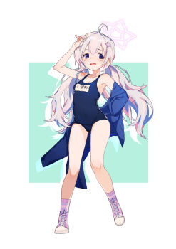 1girl ahoge alternate_costume aqua_background arm_up blue_archive blue_hair blue_jacket blue_one-piece_swimsuit blush breasts character_name collarbone commentary_request fox_shadow_puppet full_body gluteal_fold hair_ornament halo highres jacket jacket_partially_removed kisaka long_hair looking_ahead low_twintails multicolored_hair one-piece_swimsuit open_mouth outside_border pink_hair pink_halo purple_eyes purple_socks reisa_(blue_archive) school_swimsuit shoes simple_background small_breasts socks solo standing star_(symbol) star_hair_ornament star_halo streaked_hair swimsuit swimsuit_under_clothes tareme thighs twintails two-tone_background two-tone_hair very_long_hair white_background