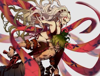 Rule 34 | 1boy, 1girl, black hair, black panties, breasts, brother and sister, colored skin, daki (kimetsu no yaiba), demon boy, demon girl, facial mark, goshiko86g, gradient hair, green eyes, green hair, gyuutarou (kimetsu no yaiba), holding, holding scythe, kimetsu no yaiba, large breasts, multicolored hair, panties, sash, scythe, sharp teeth, siblings, teeth, underwear, white hair, white skin