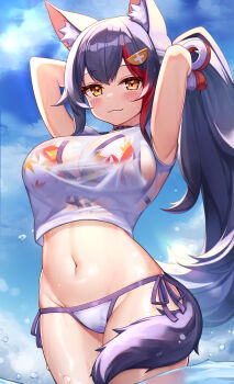 1girl :3 :d absurdres alternate_hairstyle animal_ears armpits arms_behind_head bikini bikini_under_clothes black_hair blue_sky blush breasts brown_eyes closed_mouth cloud day deaver fang floral_print hair_ornament halterneck highres hololive large_breasts long_hair looking_at_viewer multicolored_hair navel no_pants ookami_mio ookami_mio_(hololive_summer_2019) open_mouth ponytail print_bikini red_hair side-tie_bikini_bottom sky smile solo streaked_hair string_bikini swimsuit tail virtual_youtuber water wet wolf_ears wolf_tail
