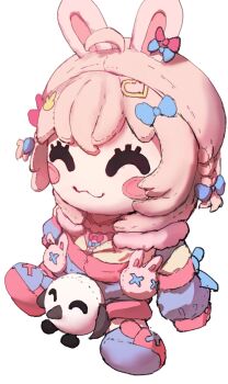 :3 ^_^ ahoge animal_ears blush_stickers bow character_doll closed_eyes doll hair_bow hair_ornament hashtag-only_commentary heart heart_hair_ornament highres hollowsuia jacket long_sleeves no_humans object_focus phase_connect pink_hair pipkin_pippa pipkin_pippa_(1st_costume) rabbit_ears rabbit_hair_ornament simple_background sleeves_past_fingers sleeves_past_wrists smile stuffed_toy variant_set virtual_youtuber white_background