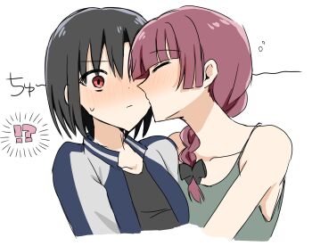 !? 2girls black_hair black_shirt blue_jacket blush bocchi_the_rock! braid closed_mouth daifukuu dress drunk green_dress highres hiroi_kikuri iwashita_shima jacket kiss kissing_cheek multiple_girls purple_hair red_eyes shirt short_hair simple_background single_braid sweat white_background yuri