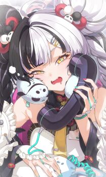 1girl absurdres aqua_nails black_gloves black_hair commentary detached_sleeves dialyn_(zenless_zone_zero) dress english_commentary gloves highres holding holding_phone kakage long_sleeves looking_at_viewer multicolored_hair multicolored_nails open_mouth partially_fingerless_gloves phone red_nails second-party_source single_glove split-color_hair two-tone_hair upper_body white_dress white_hair yellow_eyes zenless_zone_zero