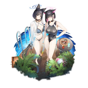2girls :/ absurdres animal_ear_fluff animal_ears backgammon ball bare_arms bare_legs barefoot beachball bikini black_bikini black_choker black_eyes black_hair black_one-piece_swimsuit blue_archive blue_bikini blue_halo bottle breasts bright_pupils bush cat_ears cat_girl cat_tail choker closed_mouth colored_inner_animal_ears colored_inner_hair commentary competition_swimsuit criss-cross_halter cup drinking_glass earrings extra_ears feet fern food full_body halo halterneck hand_on_own_hip highleg highleg_one-piece_swimsuit highres jewelry kazusa_(blue_archive) kikyou_(blue_archive) kikyou_(swimsuit)_(blue_archive) large_breasts layered_bikini light_blush looking_at_viewer multicolored_hair multiple_girls multiple_tails najiu_jiao_xiaolan_ba navel official_alternate_costume one-piece_swimsuit pink_eyes pink_hair pink_halo pool_ladder see-through_clothes short_hair simple_background sphere_earrings standing swimsuit table tail tropical_drink two-tone_hair two_tails water water_bottle white_background white_pupils