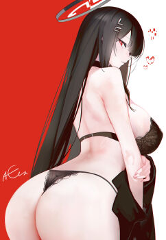 1girl ass back bare_shoulders black_bra black_hair black_jacket black_panties blue_archive bra breasts choker commentary_request hair_ornament hairclip halo highres jacket large_breasts long_hair looking_at_viewer looking_back omone_hokoma_agm panties red_eyes rio_(blue_archive) solo underwear unworn_jacket