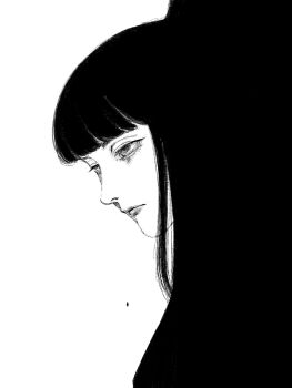 1girl black_background black_hair blunt_bangs from_side highres hime_cut long_hair looking_to_the_side original solo tp_p_pt two-tone_background white_background