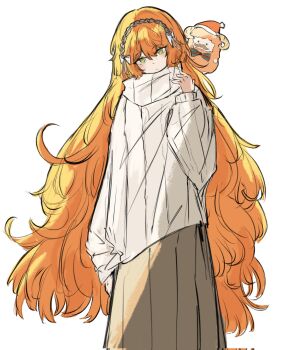 1girl blush bow brown_hairband brown_skirt christmas_nightmare_(e.g.o) closed_mouth e.g.o_(project_moon) hair_bow hairband hand_up hashtag-only_commentary highres ishmael_(project_moon) limbus_company long_hair long_sleeves looking_at_viewer orange_hair project_moon puffy_long_sleeves puffy_sleeves ribbed_sweater rope rugatu_to sidelocks simple_background skirt solo stuffed_animal stuffed_sheep stuffed_toy sweater very_long_hair white_background white_bow white_sweater