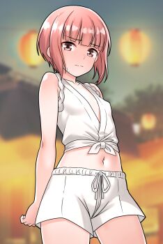 1girl absurdres blunt_bangs blush front-tie_shorts furaggu_(frag_0416) highres indoors kantai_collection midriff navel night night_sky pink_eyes pink_hair shirt short_hair shorts sky sleeveless sleeveless_shirt solo stomach thighs tied_shirt variant_set white_shirt white_shorts z3_max_schultz_(kancolle)