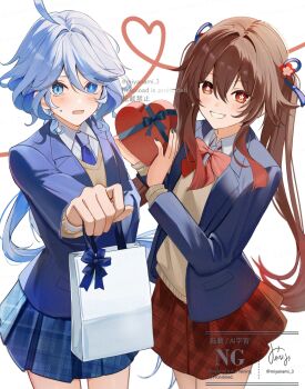 2girls ahoge alternate_costume bag black_nails blue_eyes blue_hair blue_jacket blue_necktie bow bowtie box brown_eyes brown_hair cardigan collared_shirt cowboy_shot drop-shaped_pupils flower flower-shaped_pupils furina_(genshin_impact) genshin_impact gift gift_box grin hair_between_eyes hair_flower hair_ornament heart-shaped_box heterochromia highres holding holding_bag holding_box hu_tao_(genshin_impact) jacket long_hair long_sleeves looking_at_viewer miyanami_3 multicolored_hair multiple_girls nail_polish necktie open_clothes open_jacket open_mouth plaid_clothes plaid_skirt pleated_skirt red_bow red_bowtie school_uniform shirt signature skirt smile streaked_hair symbol-shaped_pupils twintails twitter_username two-tone_hair watermark white_hair white_shirt yellow_cardigan