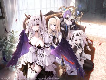 4girls azur_lane black_thighhighs blonde_hair breasts cleavage closed_mouth commentary_request crossed_legs curtains dress gloves grey_hair high_heels highres indoors joffre_(azur_lane) kneeling large_breasts long_hair long_sleeves looking_at_viewer lyon_(azur_lane) marseillaise_(azur_lane) multiple_girls official_art painleve_(azur_lane) parted_lips purple_hair short_hair sitting smile thighhighs veil white_gloves white_thighhighs window wings yohaku