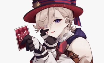1boy :p black_capelet black_gloves black_hat blonde_hair bow bowtie brown_bow brown_bowtie capelet card closed_mouth commentary_request detached_sleeves eyes_visible_through_hair facial_mark frilled_shirt_collar frills genshin_impact gloves hair_over_one_eye hand_on_own_cheek hand_on_own_face hands_up hat highres holding holding_card long_sleeves looking_at_viewer lyney_(genshin_impact) male_focus multicolored_gloves multicolored_hair nekorin_chu parted_bangs playing_card purple_eyes red_bow red_bowtie red_streaks shirt short_hair simple_background sleeveless sleeveless_shirt smile solo streaked_hair swept_bangs teardrop_facial_mark tongue tongue_out top_hat two-tone_gloves upper_body watermark white_background white_gloves white_shirt white_sleeves