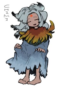 Rule 34 | 1girl, barefoot, dade ne, full body, highres, houjuu chimi, long hair, messy hair, one eye closed, robe, solo, touhou, white background, white hair, white robe