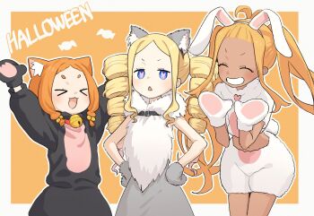 &gt;_&lt; 3girls :d alternate_costume animal_costume animal_ear_fluff animal_ears animal_hands arms_up beatrice_(re:zero) bell blonde_hair blue_eyes blush cat_ears cat_paws cat_tail closed_eyes dark-skinned_female dark_skin drill_hair fake_animal_ears gloves grin halloween_costume hands_on_own_hips jingle_bell liliana_masquerade long_hair looking_at_viewer mimi_pearlbaton multiple_girls neck_bell open_mouth orange_background orange_hair paw_gloves rabbit_ears re:zero_kara_hajimeru_isekai_seikatsu remyab_10 short_hair sidelocks smile symbol-shaped_pupils tail twin_drills twintails