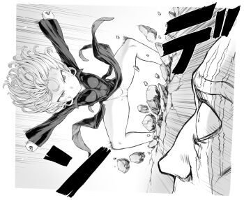 1boy 1girl anger_vein ass breasts cameltoe full_body gluteal_fold highres king_(one-punch_man) mogudan monochrome on_wall one-punch_man scar short_hair small_breasts tatsumaki thick_thighs thighs thong view_between_legs