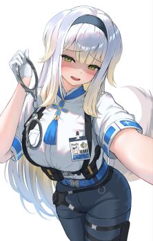 1girl absurdres animal_ears belt black_hairband black_pantyhose black_shorts blue_belt blush breasts buckle chest_harness commentary_request cuffs gradient_hair green_eyes hairband hand_up handcuffs harness highres holding holding_handcuffs id_card large_breasts long_hair looking_at_viewer multicolored_hair neck_tassel nijisanji open_mouth outstretched_arm p-tomi pantyhose pouch shaded_face shioriha_ruri shioriha_ruri_(1st_costume) shirt short_shorts short_sleeves shorts sidelocks simple_background snap-fit_buckle solo standing tail tassel upper_body very_long_hair virtual_youtuber white_background white_hair white_shirt