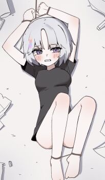 1girl animated animated_gif ayatsuno_yuni barefoot black_shirt blush bound bound_ankles bound_wrists breasts clenched_teeth grey_hair highres just_0012 knees_up looking_at_viewer lying medium_breasts on_back parted_bangs purple_eyes rope shirt short_hair short_sleeves solo stellive teeth virtual_youtuber