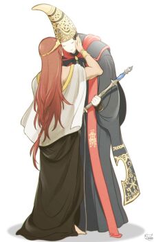 1boy 1girl black_hair bracelet crown elden_ring fromsoftware gold_bracelet gold_crown height_difference highres jewelry large_hat long_hair muu1519 radagon_of_the_golden_order red_hair rennala_queen_of_the_full_moon simple_background smile tall_female