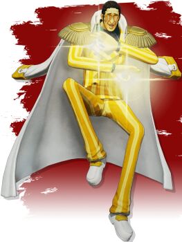 1boy 3d bandai_namco black_hair devil_fruit_power formal_clothes full_body glowing jacket jacket_on_shoulders kizaru_(one_piece) military military_uniform official_art one_piece one_piece:_pirate_warriors_4 pants shirt short_hair simple_background smile solo suit