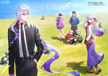 3boys absurdres baseball_cap belt black_hat black_jacket black_pants black_shirt blue_jacket blush boots breasts commentary_request fate/grand_order fate_(series) genderswap genderswap_(ftm) green_jacket hat highres jacket kama_(adult)_(fate) kama_(fate) kama_(male)_(fate) kama_(second_ascension)_(fate) kama_(teenager)_(fate) kama_(tour_outfit)_(fate) kama_(young)_(fate) long_hair long_skirt long_sleeves looking_at_viewer multiple_boys multiple_persona necktie pants purple_jacket purple_skirt red_jacket red_scarf redrop ribbon scarf shirt shoes short_hair skirt smile sneakers sweater white_shirt white_sweater