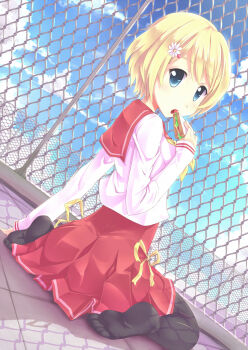 1girl arm_support ass black_pantyhose blonde_hair blue_eyes blue_sky chain-link_fence cloud commentary dutch_angle eating english_commentary fence flower food from_behind full_body hair_flower hair_ornament highres holding holding_food holding_sandwich long_sleeves looking_at_viewer looking_back neckerchief no_shoes open_mouth original outdoors packge pantyhose red_sailor_collar red_skirt rooftop sailor_collar sandwich school_uniform serafuku shadow shirt short_hair sitting skirt sky solo top_of_moe_2013 wariza white_flower white_shirt yellow_neckerchief