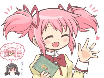 2girls :d ^_^ akemi_homura black_hair blush book bow chibi closed_eyes hair_ribbon hairband heart imagining jewelry kaname_madoka long_hair mahou_shoujo_madoka_magica mahou_shoujo_madoka_magica:_hangyaku_no_monogatari mitakihara_school_uniform multiple_girls open_mouth pink_hair purple_eyes reverse_(bluefencer) ribbon ring school_uniform short_twintails simple_background smile solo_focus speech_bubble spoken_character thought_bubble twintails ultimate_madoka white_background