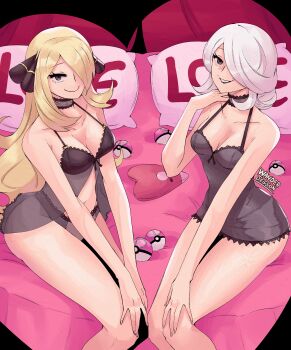 2girls absurdres adversarial_noise alternate_costume babydoll bare_shoulders black_babydoll black_chemise black_choker black_lips blonde_hair breasts chemise choker cleavage cogita_(pokemon) collarbone commentary cynthia_(pokemon) english_commentary furrowed_brow gen_3_pokemon grey_eyes grin hair_bun hair_ornament hair_over_one_eye half-closed_eyes hand_on_own_knee hand_up hands_on_own_knees highres lace lace_choker lace_trim lingerie lipstick long_hair looking_at_viewer love_ball luvdisc makeup mature_female multiple_girls navel nintendo old old_woman on_bed panties parted_lips pillow poke_ball pokemon pokemon_dppt pokemon_legends:_arceus portrait seductive_smile single_hair_bun sitting sketch smile underwear v_arms wanderjegson white_hair wrinkled_skin