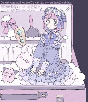 1girl :p alternate_costume arched_bangs blush_stickers bonnet bow bowtie capelet cleffa closed_eyes closed_mouth dot_mouth dress flower frilled_bonnet frilled_dress frills gen_2_pokemon gen_6_pokemon highres lacey_(pokemon) long_sleeves looking_at_viewer nintendo pink_bow pink_flower pink_hair pink_rose pokemon pokemon_(creature) pokemon_sv purple_background purple_bonnet purple_bow purple_bowtie purple_capelet purple_dress purple_flower purple_rose remoooon rose simple_background standing swirlix tongue tongue_out upper_body yellow_eyes