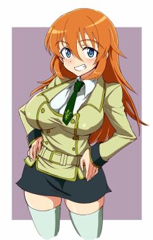 1girl ashford_academy_school_uniform belt black_skirt blue_eyes breasts charlotte_e._yeager code_geass collared_shirt cosplay dress_shirt green_necktie grin hands_on_own_hips jacket kin-san_(sasuraiga) large_breasts long_hair look-alike name_connection necktie orange_hair pencil_skirt purple_background school_uniform shirley_fenette shirley_fenette_(cosplay) shirt skirt smile solo strike_witches thighhighs two-tone_background white_shirt white_thighhighs world_witches_series yellow_jacket