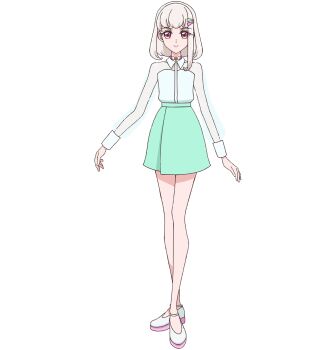 1girl closed_mouth collared_shirt full_body green_skirt hair_ornament hairclip highres kimi_to_idol_precure long_sleeves looking_at_viewer miniskirt official_art pink_eyes precure purirun_(civilian)_(precure) purirun_(precure) second-party_source see-through_clothes see-through_sleeves shirt shoes short_hair simple_background skirt smile solo standing tachi-e white_shirt white_shoes