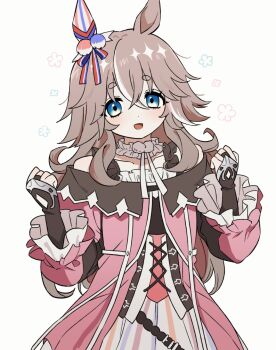 1girl animal_ears bare_shoulders blue_eyes blush bow breasts brown_gloves collarbone dress ear_bow ear_covers ear_ornament fingerless_gloves flower gloves grey_hair hair_between_eyes highres horse_ears horse_girl long_hair long_sleeves looking_at_viewer multicolored_hair off-shoulder_dress off_shoulder open_mouth pink_dress shiryoku_kensa simple_background single_ear_cover smile solo streaked_hair umamusume upper_body wonder_acute_(butterfly_sting)_(umamusume) wonder_acute_(umamusume)