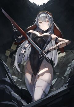 1girl absurdres animal_ears breasts cleavage closed_mouth commentary_request douibotan fake_animal_ears feet_out_of_frame floppy_ears garter_straps girls&#039;_frontline girls&#039;_frontline_2:_exilium gloves grey_hair hair_between_eyes highres holding holding_sword holding_weapon krolik_(girls&#039;_frontline_2) krolik_(prancing_bunny)_(girls&#039;_frontline_2) large_breasts leotard long_hair looking_at_viewer mechanical_ears official_alternate_costume rabbit_ears red_eyes smile solo standing sword thighhighs twitter_username weapon white_thighhighs