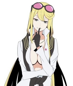 1girl ayu_(ddestiny944) black_eyes blonde_hair breasts cleavage digimon digimon_story:_cyber_sleuth eyewear_on_head highres kuremi_kyouko shirt simple_background solo sunglasses upper_body white_background white_shirt