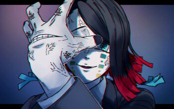 Rule 34 | 1boy, asymmetrical bangs, black hair, black jacket, black nails, blue eyes, buttons, chromatic aberration, colored tips, commentary request, demon boy, dousiyo, enmu (kimetsu no yaiba), evil smile, facial mark, fangs, finger tattoo, foreshortening, grin, hand focus, hand up, incoming attack, jacket, kanji tattoo, kimetsu no yaiba, letterboxed, long sleeves, looking at viewer, male focus, medium hair, misplaced mouth, multicolored hair, outline, outside border, parted lips, portrait, shadow, smile, solo, sound effects, suit jacket, symbol-shaped pupils, tattoo, tears facial mark, teeth, trap, undershirt, veins, veiny face, veiny hands, white outline