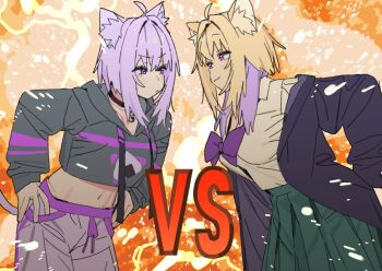 1girl 2girls ahoge animal_ear_fluff animal_ears blonde_hair bow bowtie cat_ears cat_girl cat_tail dual_persona gyaru highres hololive imamura_ryou jacket multiple_girls nekomata_okayu purple_eyes purple_hair short_hair smile tail virtual_youtuber