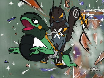 art_academy_(medium) breaking broken_glass commentary_request cyclizar flat_color glass handlebar holding_handlebar lokix motion_blur nintendo no_humans open_mouth outline pokemon pokemon_(creature) pokemon_art_academy pokemon_focus riding riding_pokemon rindou_(l2_pkmn) sparkle v-shaped_eyes white_outline