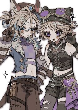 2girls amanda_gaddis amanda_gaddis_(feast_on_this_shore) animal_ears animal_hat asymmetrical_legwear black_shorts blonde_hair blue_eyes blue_jacket blush brown_gloves brown_pants cat_hat claw_pose claws colored_tips cowboy_shot crop_top cropped_jacket fang fox_ears frilled_shirt_collar frills gloves goggles goggles_on_headwear hand_on_own_hip hat identity_v jacket jewelry looking_at_viewer mismatched_legwear multicolored_hair multiple_girls navel necklace nnrs68 official_alternate_costume pants pantyhose pearl_necklace pendant purple-tinted_eyewear purple_eyes short_hair short_side_ponytail shorts thigh_strap tinted_eyewear torn_clothes torn_pantyhose tracy_reznik tracy_reznik_(lock_core) turtleneck uneven_legwear