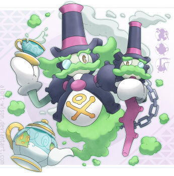 Rule 34 | albrt-wlson, chain, commentary, cup, deviantart username, english commentary, full body, fusion, galarian form, galarian weezing, gas, gen 8 pokemon, gloves, highres, holding, holding plate, monocle, mr. rime, multiple heads, nintendo, opaque monocle, plate, pokemon, polteageist, skull and crossbones, smile, steam, teacup, watermark, web address, white gloves