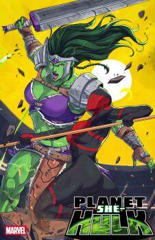 2girls absurdres armor ass black_bodysuit blood bo_staff bodysuit bra braid breasts brown_gloves character_request cleavage colored_skin comic_cover commentary copyright_logo copyright_name crackling_energy english_commentary fighting fingerless_gloves floating_hair forehead_protector gladiator gloves green_eyes green_hair green_skin highres holding holding_staff holding_sword holding_weapon jhony_caballero large_breasts logo long_hair looking_at_another marvel midriff multicolored_bodysuit multiple_girls muscular muscular_female official_alternate_costume official_art open_mouth pauldrons purple_bra purple_lips red_bodysuit she-hulk shoulder_armor sky staff sword torn_clothes underwear weapon yellow_sky