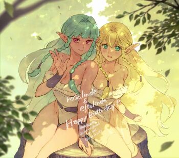 2girls aqua_hair blonde_hair blurry blurry_foreground braid breasts character_name cleavage closed_mouth collarbone commentary_request dark-skinned_female dark_skin eltolinde_(unicorn_overlord) falling_leaves floating_hair groin hair_tubes happy_birthday leaf leotard long_hair looking_at_viewer medium_breasts multiple_girls nerikiri6 on_tree_stump open_mouth pointy_ears red_eyes rosalinde_(unicorn_overlord) sitting smile twin_braids unicorn_overlord watermark white_leotard