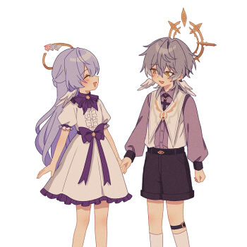 1boy 1girl aged_down aiga_ippai black_shorts blue_hair blush bow bowtie brother_and_sister closed_eyes collared_shirt commentary_request dress feet_out_of_frame grey_hair halo hand_grab head_wings honkai:_star_rail honkai_(series) leg_belt long_sleeves looking_at_another open_mouth purple_bow purple_bowtie purple_shirt robin_(concert_for_two)_(honkai:_star_rail) robin_(honkai:_star_rail) shirt short_sleeves shorts siblings simple_background smile socks spiked_halo sunday_(concert_for_two)_(honkai:_star_rail) sunday_(honkai:_star_rail) vest white_background white_dress white_socks white_vest wings