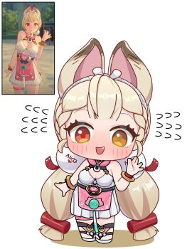 1girl absurdres akaika_(aka) alice_thymefield alice_thymefield_(sea_of_thyme) animal_ears bikini_top_under_shirt bikini_under_clothes blonde_hair blush braid breasts chibi cleavage deformed derivative_work dress_swimsuit hair_ornament heterochromia highres large_breasts long_hair looking_at_viewer low_twintails official_alternate_costume one-piece_swimsuit pink_one-piece_swimsuit rabbit_ears rabbit_girl red_eyes scene_reference screenshot_redraw solo sphere_hair_ornament swimsuit twintails two-tone_one-piece_swimsuit yellow_eyes zenless_zone_zero