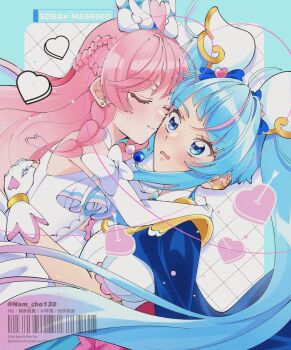 2girls artist_name bare_shoulders blue_cape blue_eyes blue_hair bow cape character_name closed_eyes commentary cure_prism cure_sky dress elbow_gloves embarrassed gloves hair_bow hair_ornament heart highres hirogaru_sky!_precure hug imminent_kiss magical_girl multiple_girls namcho nijigaoka_mashiro pink_hair precure sora_harewataru symbol-only_commentary twintails white_bow white_dress white_gloves wing_hair_ornament yuri