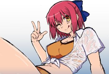 Rule 34 | 1girl, :q, alternate costume, arm at side, arm up, bikini, blue bow, bow, breasts, carnival phantasm, closed mouth, cowboy shot, d8282not, from side, gradient background, hair bow, half updo, kohaku (tsukihime), looking at viewer, melty blood, one eye closed, orange bikini, reclining, red hair, ribbon, see-through clothes, shirt, short hair, smile, solo, swimsuit, thigh focus, tongue, tongue out, tsukihime, tsukihime (remake), type-moon, v, wet, wet clothes, wet shirt, white shirt, yellow eyes